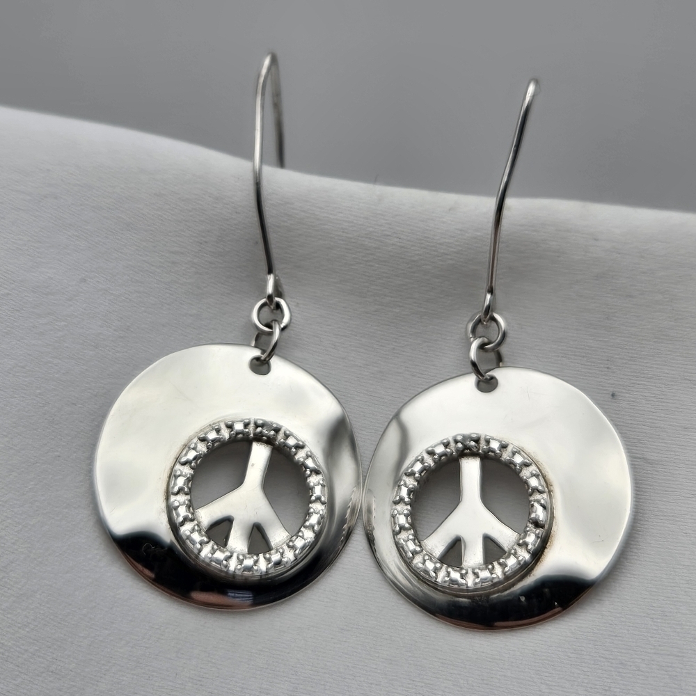 Circle of Peace Sign Symbol Earrings Sterling Silver Dandle Round - Picture 3 of 9